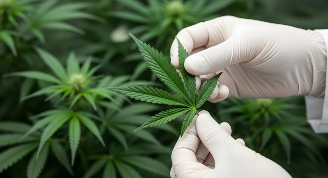 Scientist Inspects Cannabis Plant Buds - Plantation Close Up - Powered by Adobe