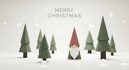 Festive gnome stands among minimalist trees; snowflakes create a serene Christmas scene