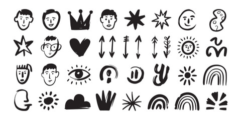 Set of hand drawn doodle faces and various shapes on white background black sketch characters abstract vector