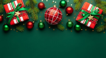 Red gift boxes with green ribbon sit among Christmas ornaments on a green backdrop