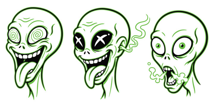Trippy Alien Line Art Heads: Hypnotized, Dead, and Toxic