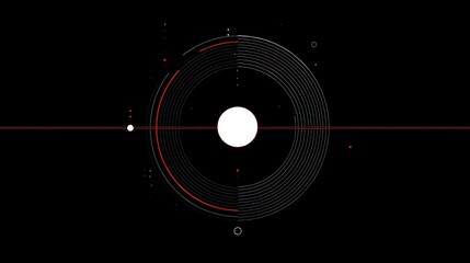 A black and white abstract design with circular patterns and red lines on a black background.