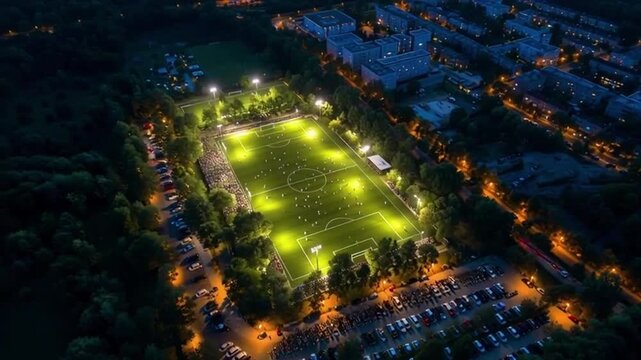 A stunning 4K aerial view footage of a modern soccer stadium at night, brilliantly illuminated and perfect for World Cup and major football event themes