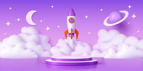 Kids podium stage with space rocket and planets in sky, vector display background. Kids podium with pedestal platform and rocket launch to galaxy space with clouds, stars, moon and Saturn planet