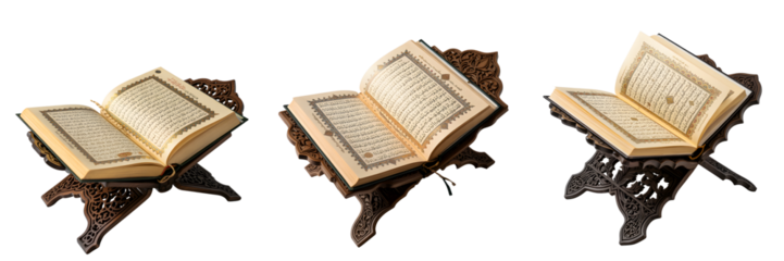 Three ornate islamic books on transparent background isolated on transparent background