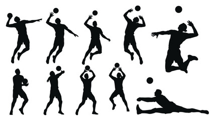 Collection of silhouettes of volleyball players in various action poses, including serving, spiking, and diving.