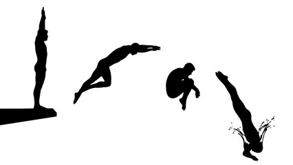 Sequence of a diver performing a dive, showcasing the stages from standing to entering the water.