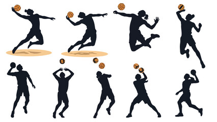A collection of black silhouettes depicting various volleyball players in action poses, including serving, spiking, and setting, on a white background.
