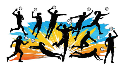 Silhouette of volleyball players in action, showcasing dynamic movements during a game.