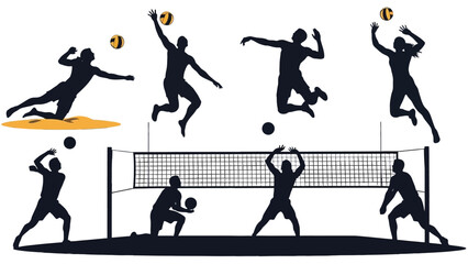 Silhouettes of various volleyball players in action, including spiking, serving, and blocking, with a net.