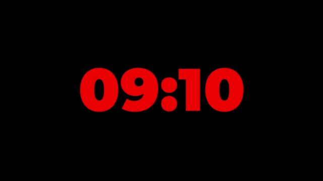 Digital countup clock timer in zero second to 10 minute. White text number on isolated black background. Element for overlay concept. 10 minute countdown timer with black