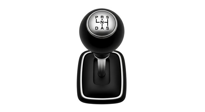 Close-up of a black manual car gear shift knob with a five-speed pattern and reverse, isolated on a white background. - Powered by Adobe