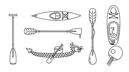 A collection of line art illustrations depicting various watercraft and paddles, including a kayak, a dragon boat, and paddles of different designs.