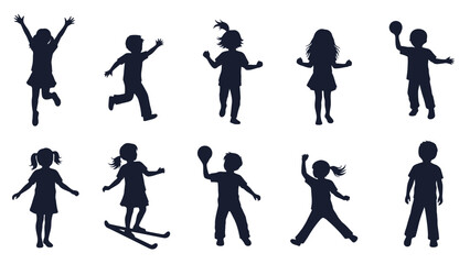 Silhouette of children playing and doing various activities, such as jumping, running, skiing, and playing with a ball.