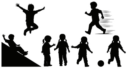 A collection of black silhouettes showing various children in active play poses like jumping, running, and sliding.