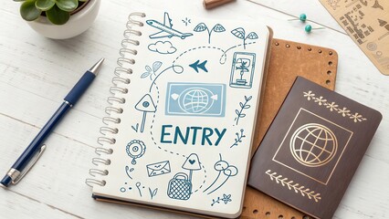 Notebook with entry doodle and a passport in top view