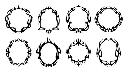 Obraz na płótnie Canvas Tribal gothic frames with fire flames, fantasy spikes and demon horns borders. Vector neo gothic y2k oval and arched black frames, vintage tribal tattoo, Halloween horror hell fire flame border lines