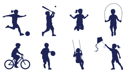 Silhouettes of children playing various sports and outdoor activities like soccer, baseball, jumping, jump rope, cycling, basketball, swinging, and flying a kite.
