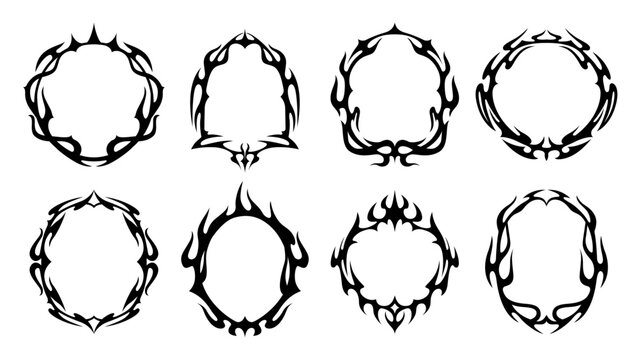 Tribal gothic frames with fire flames, fantasy spikes and demon horns borders. Vector neo gothic y2k oval and arched black frames, vintage tribal tattoo, Halloween horror hell fire flame border lines