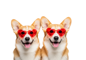 Two playful pembroke welsh corgi dogs wearing saturated red heart sunglasses, smiling widely against a bright white high-key studio background with ample copy space. Valentine's day advertising