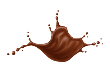 Chocolate splash and flow wave. Realistic cocoa splash and splatters. isolated 3d vector dessert swirl drink or stream. Brown coffee beverage with drops, liquid splashing with dynamic droplets scatter