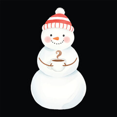 Cute Snowman Holding Coffee Cup Watercolor, Isolated on White Background, Vector Illustration
