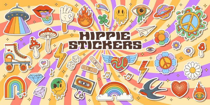 Naklejki Retro groovy hippie stickers pack. UFO saucer, roller skates, melting emoji face and peace hippie symbols, psychedelic mushrooms, cassette, rainbow and eye funny 80s groovy vector stickers or patches