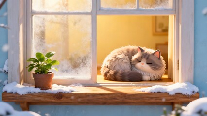 Cat sleeping on window sill in winter