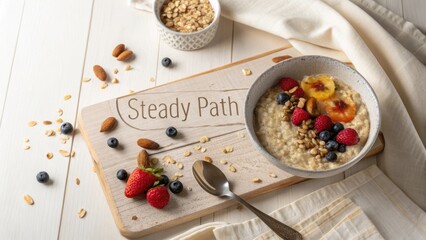 Oatmeal bowl breakfast with fresh berries on a wooden board