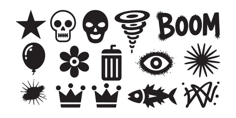 Set of various urban graffiti spray paint street art symbols, decorative design elements, comic boom explosion shapes