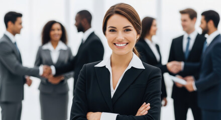Confident young businesswoman in a black suit smiles in a bright office. A diverse team collaborates in the blurred background, suggesting teamwork and success.