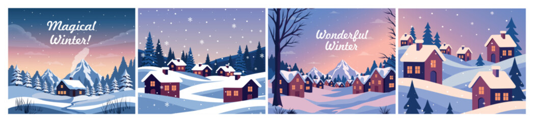 Fototapeta premium A vector set of charming winter cottages at sunset in towns and villages, with snow-capped hills, pine trees, and sweet winter inscriptions. Perfect for Christmas card designs, banners, seasonal posts