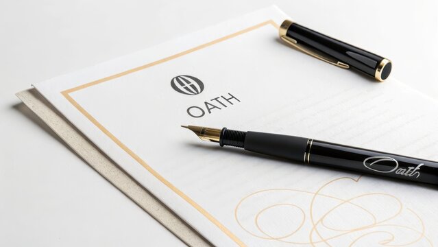 Oath document being signed with a black fountain pen