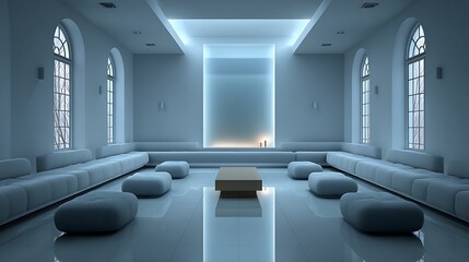 Soft glow rising from lower center in seminar room, clean matte gradient with ultra-large middle blank zone for flexible professional layouts