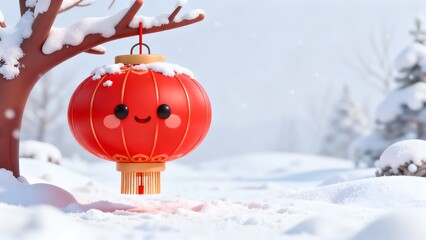 Snowy red lantern with happy face