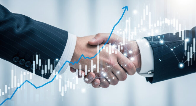 Close up of a business handshake overlayed with a blue stock market chart, symbolizing successful partnership and financial growth in a corporate environment.