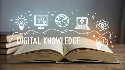 Open Book Transforming Into Digital UI Icons and Knowledge