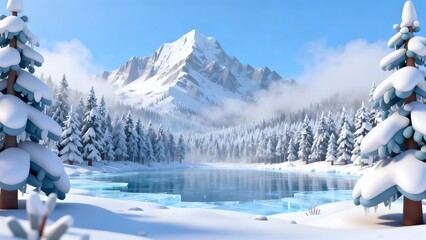 Snowy mountain forest with frozen lake