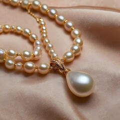 An elegant pearl necklace and matching bracelet drape across a satin surface. Captured from an elevated perspective.