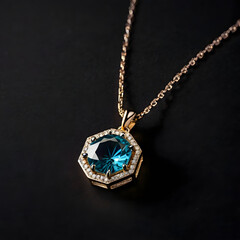 An exquisite gold pendant necklace with a dazzling blue gemstone and sparkling embellishments, it&rsquo;s a luxurious symbol of elegance and beauty.