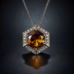 A dazzling gemstone pendant. A stunning hexagonal pendant hangs, showcasing a brilliant cut gemstone and sparkling surrounding gems.  Elegant luxury shines through.