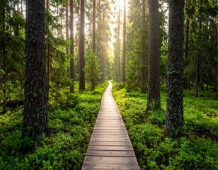 Obraz premium Wooden Path Through a Lush Green Forest with Sunlight Streaming Through.