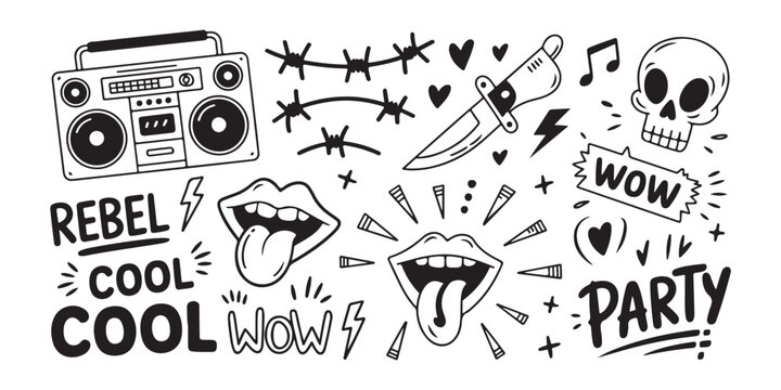 Set of cool hand drawn doodle elements with boombox barbed wire skull and various punk rock objects isolated on white