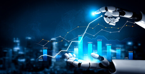 A robotic hand interacts with glowing financial graphs, representing the fusion of technology and data analytics in modern business environments. Perfect for finance and tech visuals. Scalp