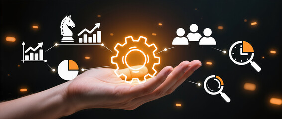 Business process management and workflow automation diagram with gears and icons with connection line network in background. Manager touching interface