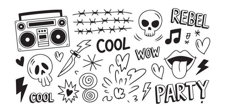 Collection of grunge-inspired hand drawn doodle elements including boombox skull barbed wire and abstract shapes on white