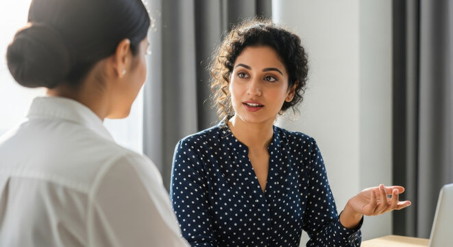 Two women in a modern office are engaged in conversation at a desk, bathed in natural light. One wears a white shirt, while the other sports a navy shirt with white polka dots.