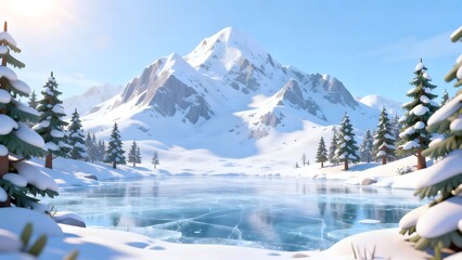 Snowy mountain landscape with frozen lake