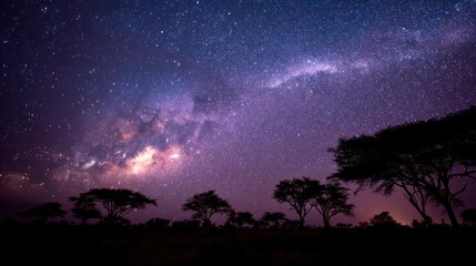 Fototapeta premium A starry night sky with the Milky Way visible in the distance, silhouetted trees in the foreground, and a clear, dark sky above.