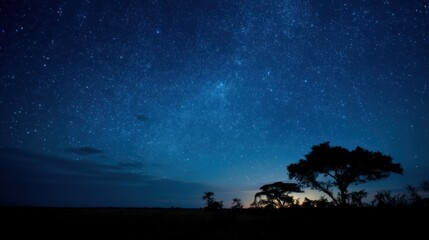 Naklejka premium A starry night sky with a silhouette of a tree and a distant horizon, with a dark blue sky filled with numerous stars and a few clouds.
